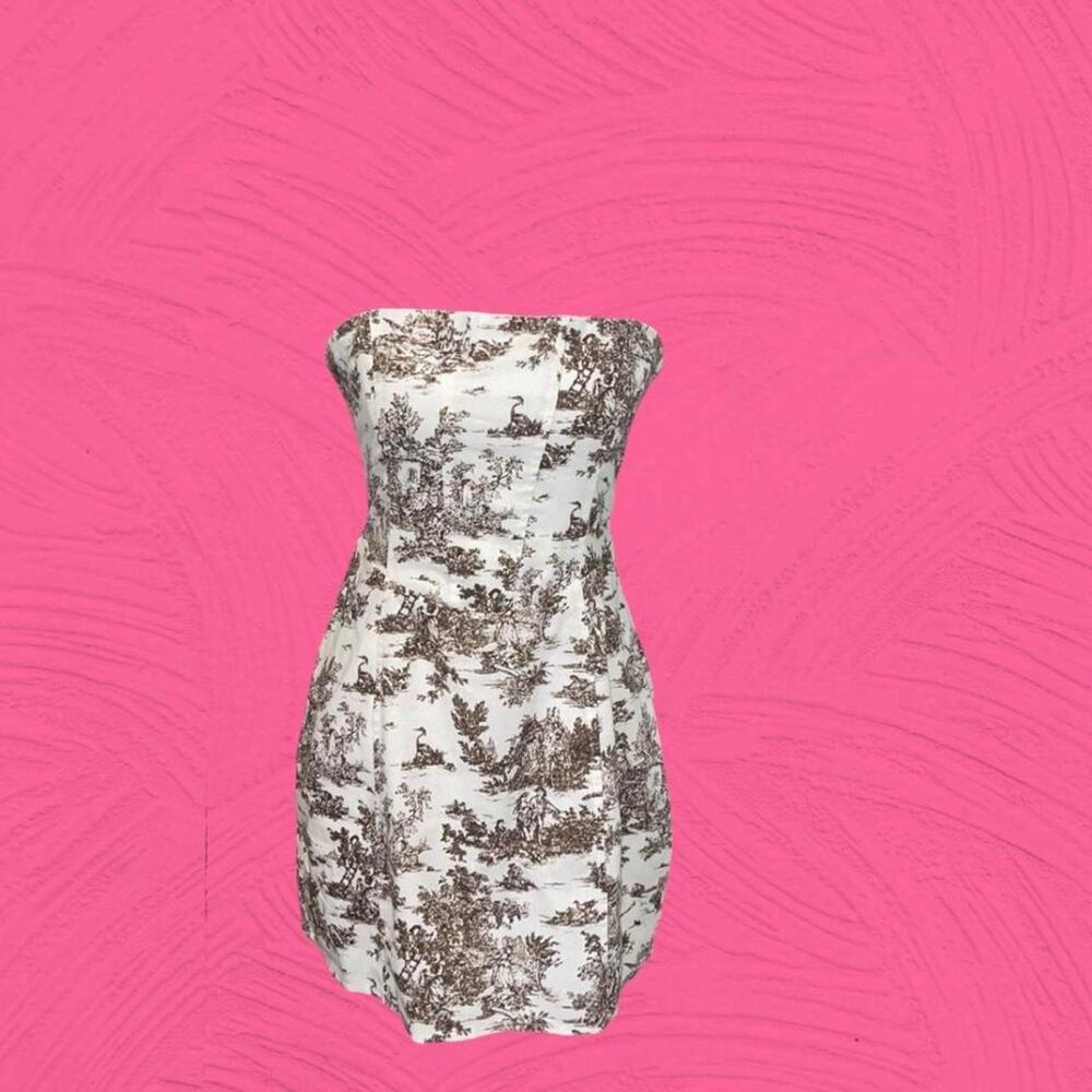 Brown and white toile pattern corset dress